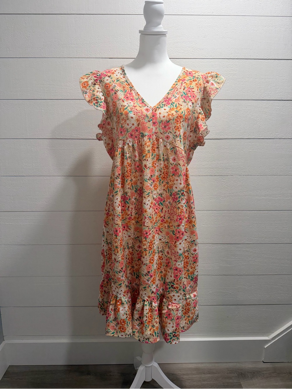 HEIMISH USA Peach/Yellow Floral Flutter-Sleeve Midi Dress